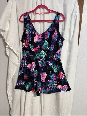 Swimsuits For All Black One-Piece Swimdress with Pink and Teal Tropical Print
